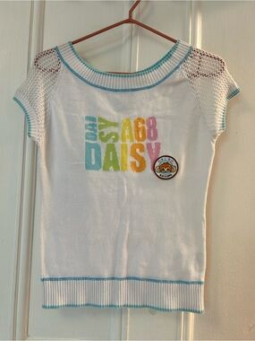 Daisy White Knit Tee with Pastel Multicolor Logo and Aqua Trim